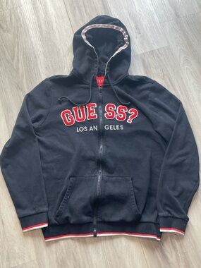 Guess Black Hooded Zip Jacket with Red Logo Trim